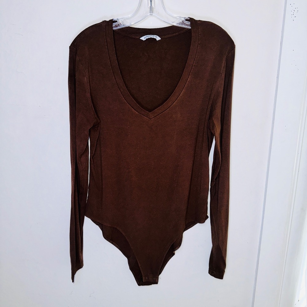 MangoPop Womens Chocolate Brown V-Neck Long Sleeve Bodysuit XXL